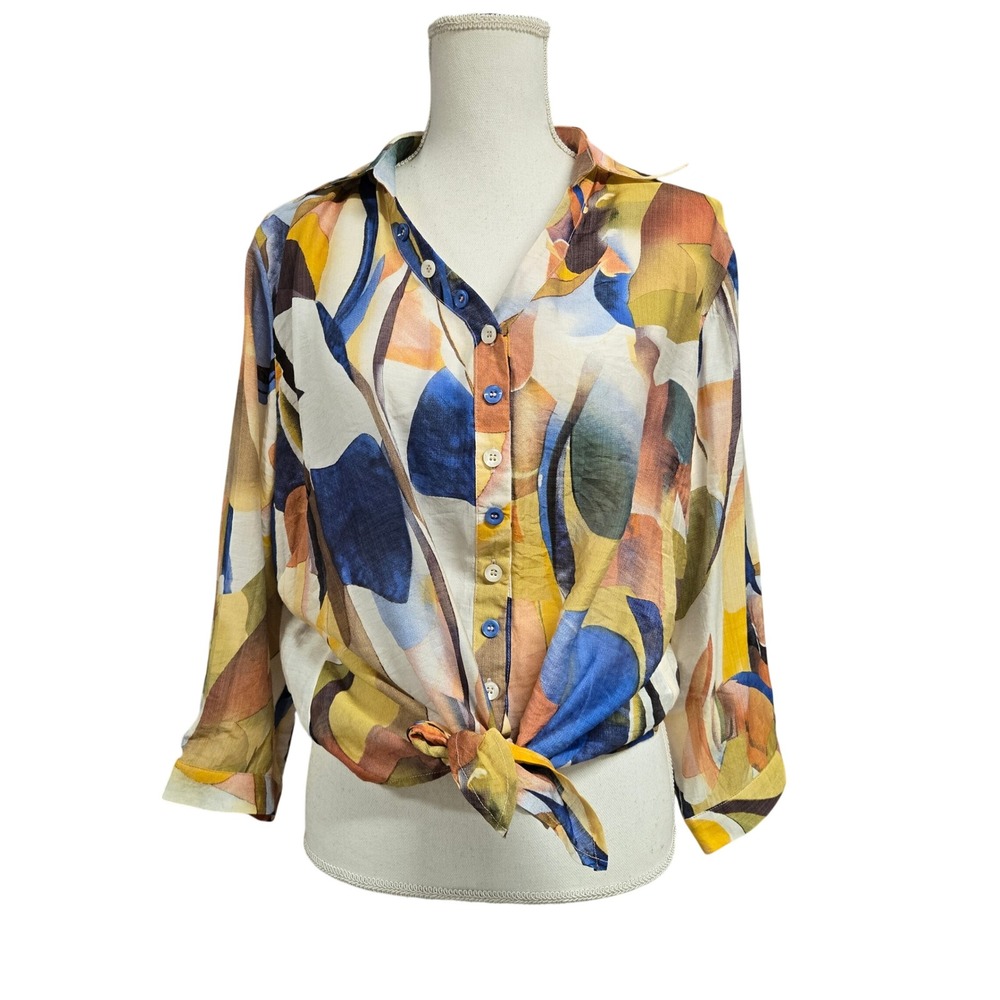 Ethyl Clothing Talent Abstract Print Tie Front Button Up Shirt Blue Multi Sz XL